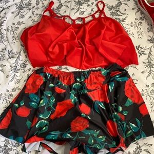 Red rose plus size skirt bikini